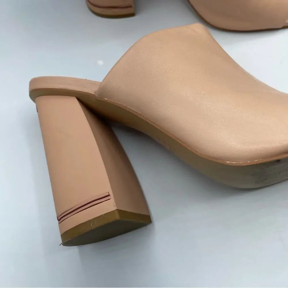 Zac Posen Nude Leather Slip One Mules Chunky Heel Women’s Shoes 9 Peep Toe Y2K